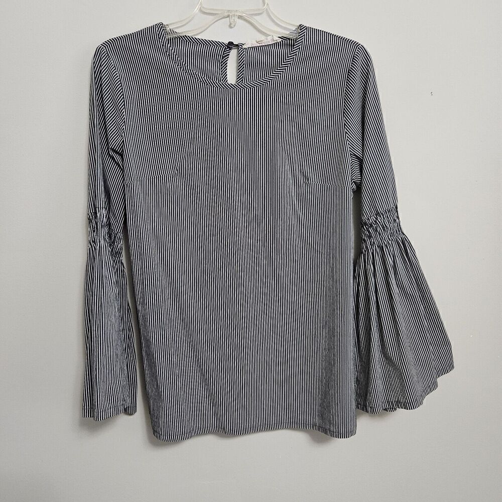 Solitaire Women's Fun Flirty Blue White Stripe Bell Sleeve Blouse Top Size S
